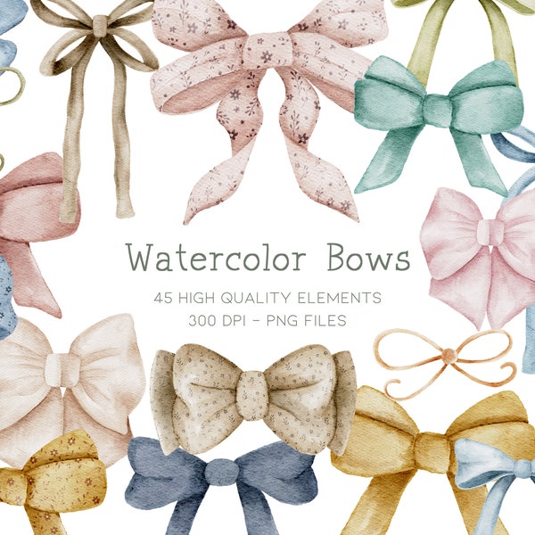 Watercolor Bows Clipart, Bow Png, Ribbon Clipart, Pink Bow Clipart, Boho Clip Art, Cottagecore Clipart, Coquette Clipart, Floral Bows Png