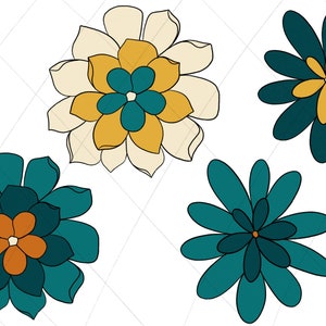 May include: Four stylised flower illustrations in a teal, yellow and cream colour scheme. The flowers have multiple layers of petals and a central circle.