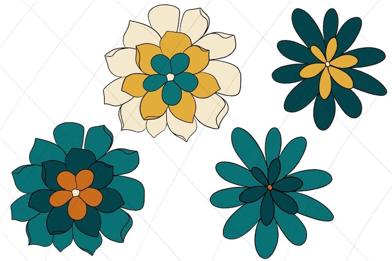 May include: Four stylised flower illustrations in a teal, yellow and cream colour scheme. The flowers have multiple layers of petals and a central circle.