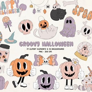 Groovy Halloween-clipart, groovy-clipartbundel, herfst-clipart, pastel Halloween-clipart, spook-clipart, pompoen-clipart, schattige griezelige clipart