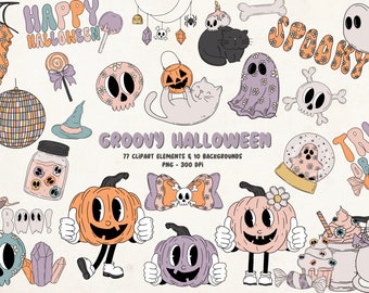 Groovy Halloween Clipart, Groovy Clipart Bundle, Clipart autunnale, Clipart di Halloween pastello, Clipart fantasma, Clipart zucca, Clipart spettrale carina