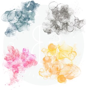 May include: Abstract art print featuring four different colors of paint in a circular pattern. The colors are blue, gray, pink, and yellow.