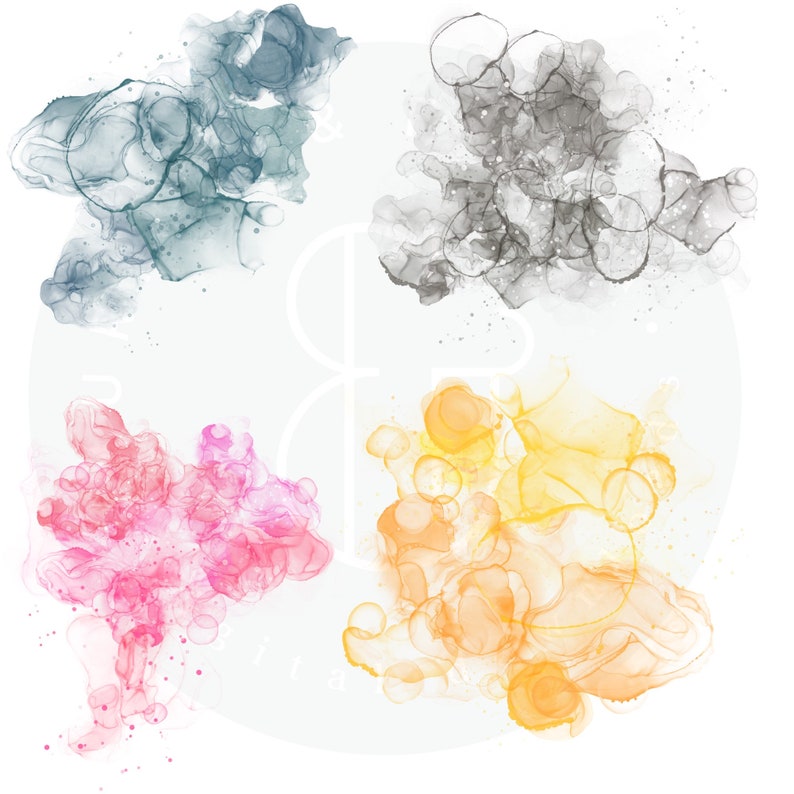 May include: Abstract art print featuring four different colors of paint in a circular pattern. The colors are blue, gray, pink, and yellow.