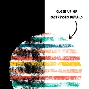 May include: A close-up of distressed details on a colorful striped pattern. The stripes are in shades of red, orange, yellow, green, and blue. The pattern is distressed with a white background.