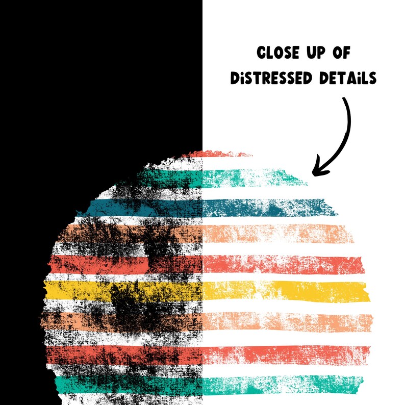 May include: A close-up of distressed details on a colorful striped pattern. The stripes are in shades of red, orange, yellow, green, and blue. The pattern is distressed with a white background.