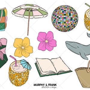 May include: A set of colorful illustrations featuring a beach bag, a beach umbrella, a disco ball, a pineapple with a straw and a small umbrella, a whale, a swimsuit, a book, a flower, and a tote bag.