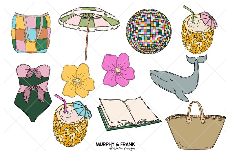 May include: A set of colorful illustrations featuring a beach bag, a beach umbrella, a disco ball, a pineapple with a straw and a small umbrella, a whale, a swimsuit, a book, a flower, and a tote bag.