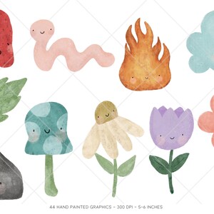 Puede incluir: Un conjunto de 10 ilustraciones de acuarela pintadas a mano que presentan varios personajes lindos con caras sonrientes. Los personajes incluyen una fresa, un gusano, un fuego, una nube, una hoja, un hongo, una flor, un tulip&aacute;n, una flor y una roca.
