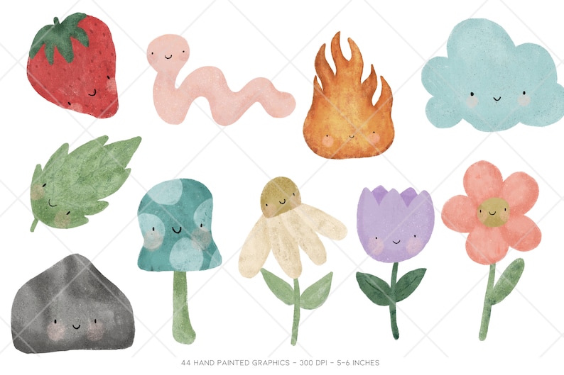 Puede incluir: Un conjunto de 10 ilustraciones de acuarela pintadas a mano que presentan varios personajes lindos con caras sonrientes. Los personajes incluyen una fresa, un gusano, un fuego, una nube, una hoja, un hongo, una flor, un tulip&aacute;n, una flor y una roca.