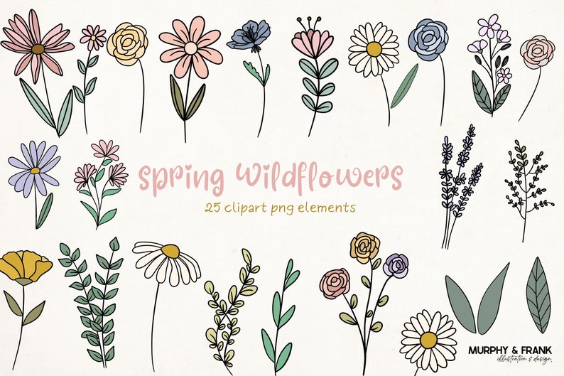 Pu&ograve; includere: Un set di 25 illustrazioni di fiori selvatici primaverili disegnate a mano in vari colori, tra cui rosa, blu, giallo e bianco. Le illustrazioni sono in uno stile semplice e minimalista e sarebbero perfette per l'uso in progetti digitali o stampati.