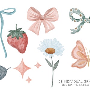 May include: A set of watercolor illustrations featuring a blue bow, a pink bow, a green and white floral bow, a strawberry, a daisy, a butterfly, a leaf, and two pink stars. The illustrations are perfect for adding a touch of whimsy to your designs.