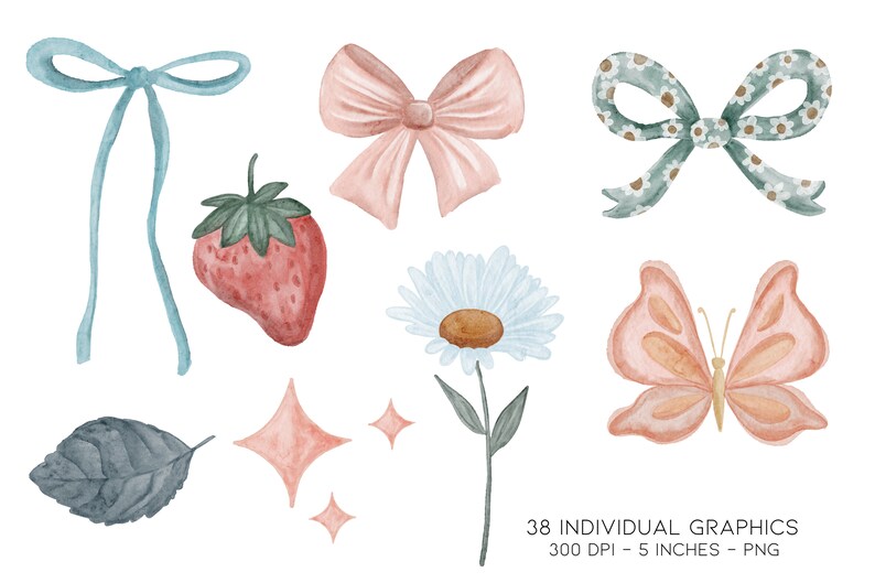 May include: A set of watercolor illustrations featuring a blue bow, a pink bow, a green and white floral bow, a strawberry, a daisy, a butterfly, a leaf, and two pink stars. The illustrations are perfect for adding a touch of whimsy to your designs.