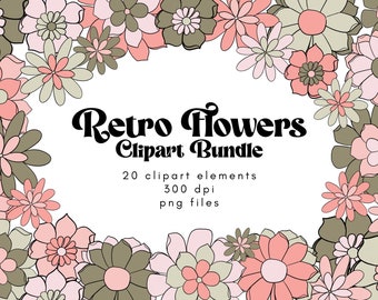 May include: A digital clipart bundle of 20 retro flowers in pink and green. The flowers are arranged in a circle around the text "Retro Flowers Clipart Bundle". The text also includes the details "20 clipart elements, 300 dpi, png files".