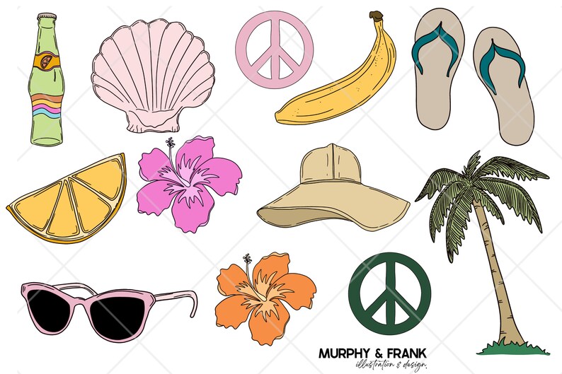 May include: A set of 10 summer themed illustrations, including a peace sign, a seashell, a banana, flip flops, a slice of orange, a hibiscus flower, a sun hat, a palm tree, sunglasses, and a soda bottle.