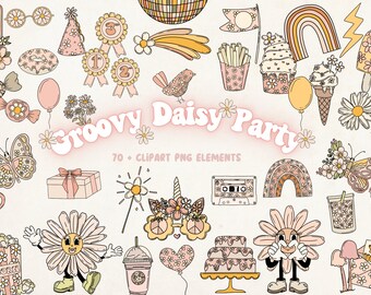 Groovy Daisy Clipart, Birthday Party Clipart, Retro Clipart, Retro Summer Clipart, Baby Shower Clipart, Groovy Clip Art, Retro Kids Clipart