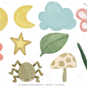Puede incluir: Un conjunto de 10 ilustraciones de acuarela pintadas a mano con una variedad de elementos inspirados en la naturaleza, que incluyen un sol, una luna, una nube, una flor, una estrella, una hoja, un hongo, una ara&ntilde;a, una mariposa y una espada&ntilde;a.