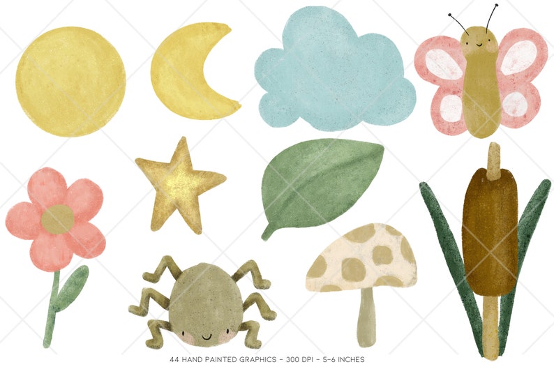 Puede incluir: Un conjunto de 10 ilustraciones de acuarela pintadas a mano con una variedad de elementos inspirados en la naturaleza, que incluyen un sol, una luna, una nube, una flor, una estrella, una hoja, un hongo, una ara&ntilde;a, una mariposa y una espada&ntilde;a.