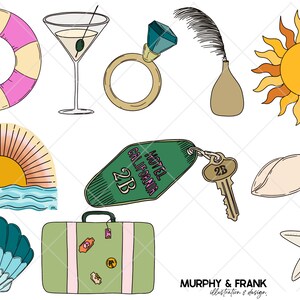 May include: A set of colorful illustrations depicting a vacation theme. The illustrations include a life preserver, a martini glass, a ring, a feather, a vase, a sun, a sunset over the ocean, a hotel key, a seashell, a starfish, a seashell, and a suitcase with stickers.