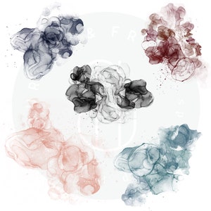 May include: Five abstract ink blots in different shades of blue, gray, pink, and brown. The blots are arranged in a circle around a white background with the text "& FR" in the center.