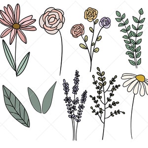 Pu&ograve; includere: Un set di 10 illustrazioni floreali disegnate a mano in contorni neri con accenti pastello rosa, giallo e blu. Le illustrazioni includono vari fiori, foglie e rametti.