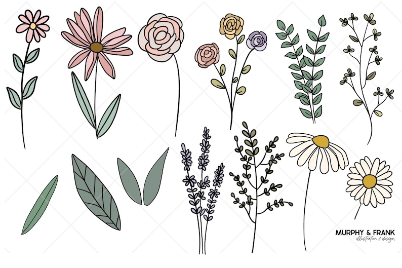 Pu&ograve; includere: Un set di 10 illustrazioni floreali disegnate a mano in contorni neri con accenti pastello rosa, giallo e blu. Le illustrazioni includono vari fiori, foglie e rametti.