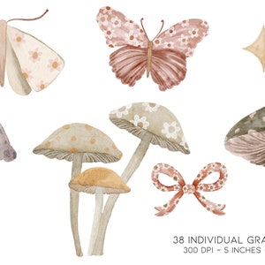 May include: A set of watercolor illustrations featuring mushrooms, butterflies, and stars. The mushrooms are in various shades of brown, gray, and green. The butterflies are pink and white with floral patterns. The stars are gold.