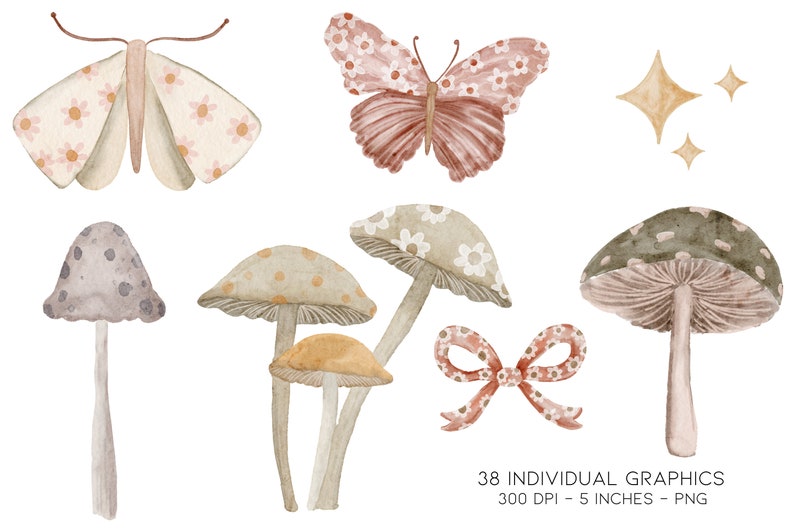 May include: A set of watercolor illustrations featuring mushrooms, butterflies, and stars. The mushrooms are in various shades of brown, gray, and green. The butterflies are pink and white with floral patterns. The stars are gold.