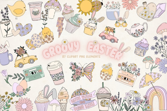 Spring Clipart, Easter Clipart, Groovy Clipart, Retro Clipart, Easter Clip Art, Boho Daisy Clipart, Spring Clip Art, Latte Coffee Clipart