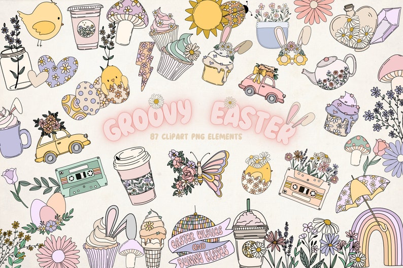 Może przedstawiać: Zestaw 87 element&oacute;w clipart PNG w stylu groovy na Wielkanoc, z pastelowymi kolorami, wzorami kwiatowymi i ilustracjami inspirowanymi stylem retro. Zestaw zawiera obrazy ciasteczek, jajek, kr&oacute;lik&oacute;w, grzyb&oacute;w, motyli, kubk&oacute;w do kawy i wiele innych.