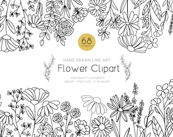 Clipart di fiori al tratto, disegno botanico al tratto, clipart di fiori di campo, fiori al tratto minimali in formato PNG, clipart di fiori, francobolli clipart di fiori di campo