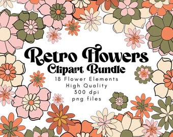 May include: A set of 18 retro flower clipart images in various colors, including pink, orange, green, and white. The flowers are outlined in black and have a 1970s style. The text "Retro Flowers Clipart Bundle" is written in a bold, retro font. The text below the title reads "18 Flower Elements, High Quality, 300 dpi, png files".
