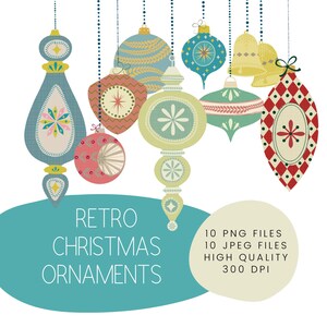 May include: A set of ten retro Christmas ornaments in various colors and patterns, including red, green, blue, yellow, and white. The ornaments are all hanging from strings and have a vintage, whimsical style. The text "Retro Christmas Ornaments" is displayed on a teal background.