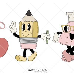 Op de afbeelding: Een cartoonpotlood, een appel, een bekerglas en een schaar. Het potlood houdt een liniaal vast en het bekerglas draagt een bril. De personages lachen allemaal en hebben grote ogen. De afbeelding is in retro-stijl.