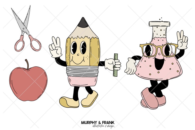Op de afbeelding: Een cartoonpotlood, een appel, een bekerglas en een schaar. Het potlood houdt een liniaal vast en het bekerglas draagt een bril. De personages lachen allemaal en hebben grote ogen. De afbeelding is in retro-stijl.