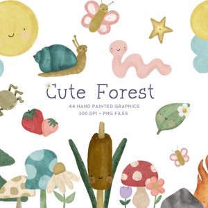 Schattige kawaii clipart, paddestoel clipart, kinderen bos clipart, camping clipart, Cottagecore clipart, kawaii graphics, wandelen clipart natuur png