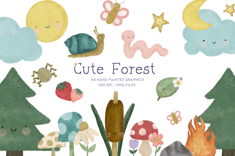 Puede incluir: Un conjunto de 44 ilustraciones digitales pintadas a mano con adorables criaturas del bosque, plantas y objetos. Las ilustraciones tienen un estilo caprichoso e incluyen un sol sonriente, un caracol verde, un gusano rosa, una hoja verde con una flor, un hongo, una espada&ntilde;a marr&oacute;n, un &aacute;rbol verde, una nube azul, un hongo rojo y blanco, un fuego y una roca gris. Las ilustraciones son perfectas para crear dise&ntilde;os digitales, scrapbooking o para agregar un toque de capricho a cualquier proyecto.
