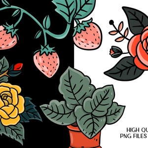 May include: A digital illustration of a collection of flowers and strawberries. The flowers are red, yellow, and orange. The strawberries are red and green. The background is black and white.