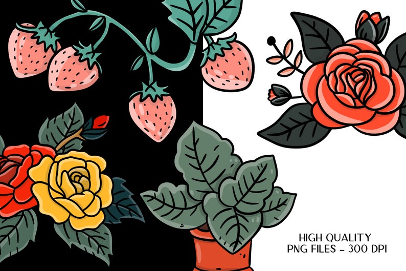 May include: A digital illustration of a collection of flowers and strawberries. The flowers are red, yellow, and orange. The strawberries are red and green. The background is black and white.