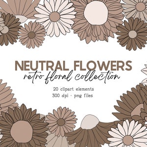 Clipart de flores silvestres, clipart de flores retrô, clipart descolado dos anos 70, clipart boho, flores neutras, clipart hippie, clipart floral marrom e margaridas