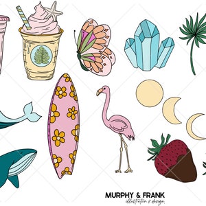 May include: A collection of colorful illustrations featuring a pink flamingo, a blue whale, a surfboard with pink and yellow flowers, a blue crystal, a pink and orange butterfly, a green palm tree, a blue surfboard with green leaves, a pink milkshake, a brown and white coffee cup, a yellow sun, two red cherries, two red strawberries, and two yellow crescent moons.