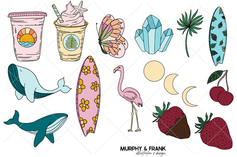 May include: A collection of colorful illustrations featuring a pink flamingo, a blue whale, a surfboard with pink and yellow flowers, a blue crystal, a pink and orange butterfly, a green palm tree, a blue surfboard with green leaves, a pink milkshake, a brown and white coffee cup, a yellow sun, two red cherries, two red strawberries, and two yellow crescent moons.