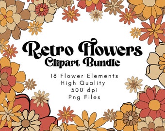 Retro Flowers Clipart, 70s Clipart, Boho Clipart, Hippie Clipart, Groovy Flowers Clipart Bundle, Retro Sublimation, 60s Clipart, Vintage