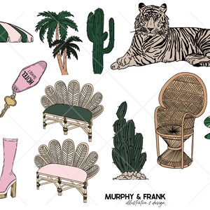 May include: A set of illustrations featuring a pink flamingo, a green and white striped umbrella, a cactus, a tiger, a palm tree, a wicker chair, a wicker bench, a hotel key, a sign that says "Sweet Hotel", and a pair of boots.