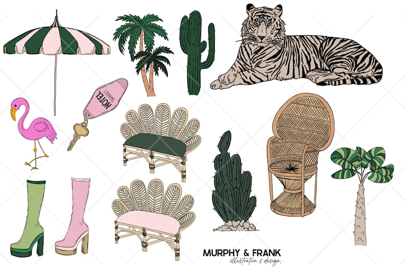 May include: A set of illustrations featuring a pink flamingo, a green and white striped umbrella, a cactus, a tiger, a palm tree, a wicker chair, a wicker bench, a hotel key, a sign that says "Sweet Hotel", and a pair of boots.