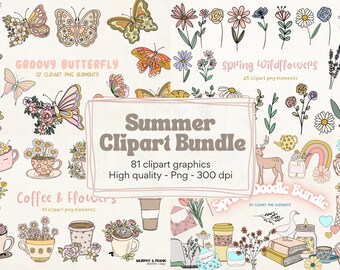May include: A digital clipart bundle featuring illustrations of butterflies, flowers, coffee cups, and other summer-themed elements. The bundle includes 81 clipart graphics in PNG format at 300 dpi.