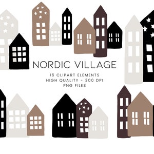 Winter Village Png, Scandinavian Christmas Png, Nordic Houses Clipart, Minimal Christmas Clipart, Scandi Houses, Nordic Christmas Clipart