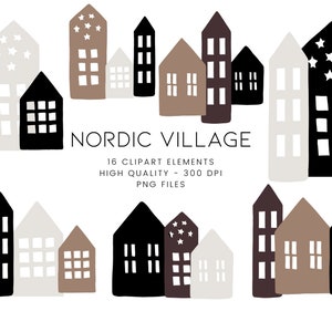 Villaggio invernale PNG, Natale scandinavo PNG, Clipart di case nordiche, Clipart di Natale minimale, Case scandinave, Clipart di Natale nordico
