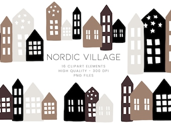 Villaggio invernale PNG, Natale scandinavo PNG, Clipart di case nordiche, Clipart di Natale minimale, Case scandinave, Clipart di Natale nordico