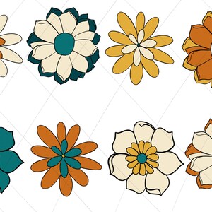 May include: Eight stylised flower illustrations in various colours, including teal, yellow, orange, and white. The flowers have multiple petals and a central circle.