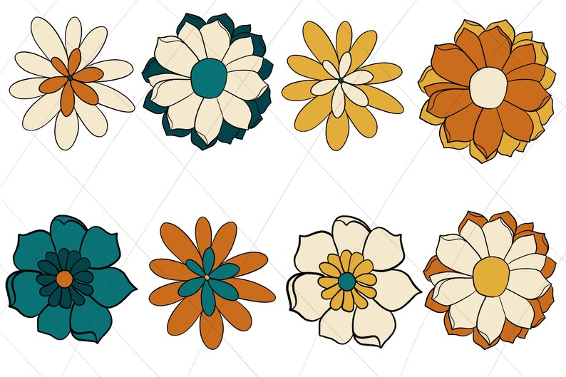 May include: Eight stylised flower illustrations in various colours, including teal, yellow, orange, and white. The flowers have multiple petals and a central circle.